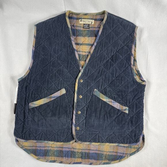 Protest Clothing Corduroy Quilted Vest Blue Plaid Flannel Lined 100% Cotton XL - Picture 3 of 14